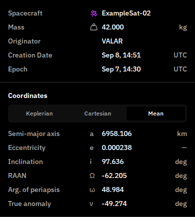 Details panel Coordinates section showing the three tabs Keplerian, Cartesian, and Mean, with the Mean tab active and displaying six DSST mean Keplerian elements
