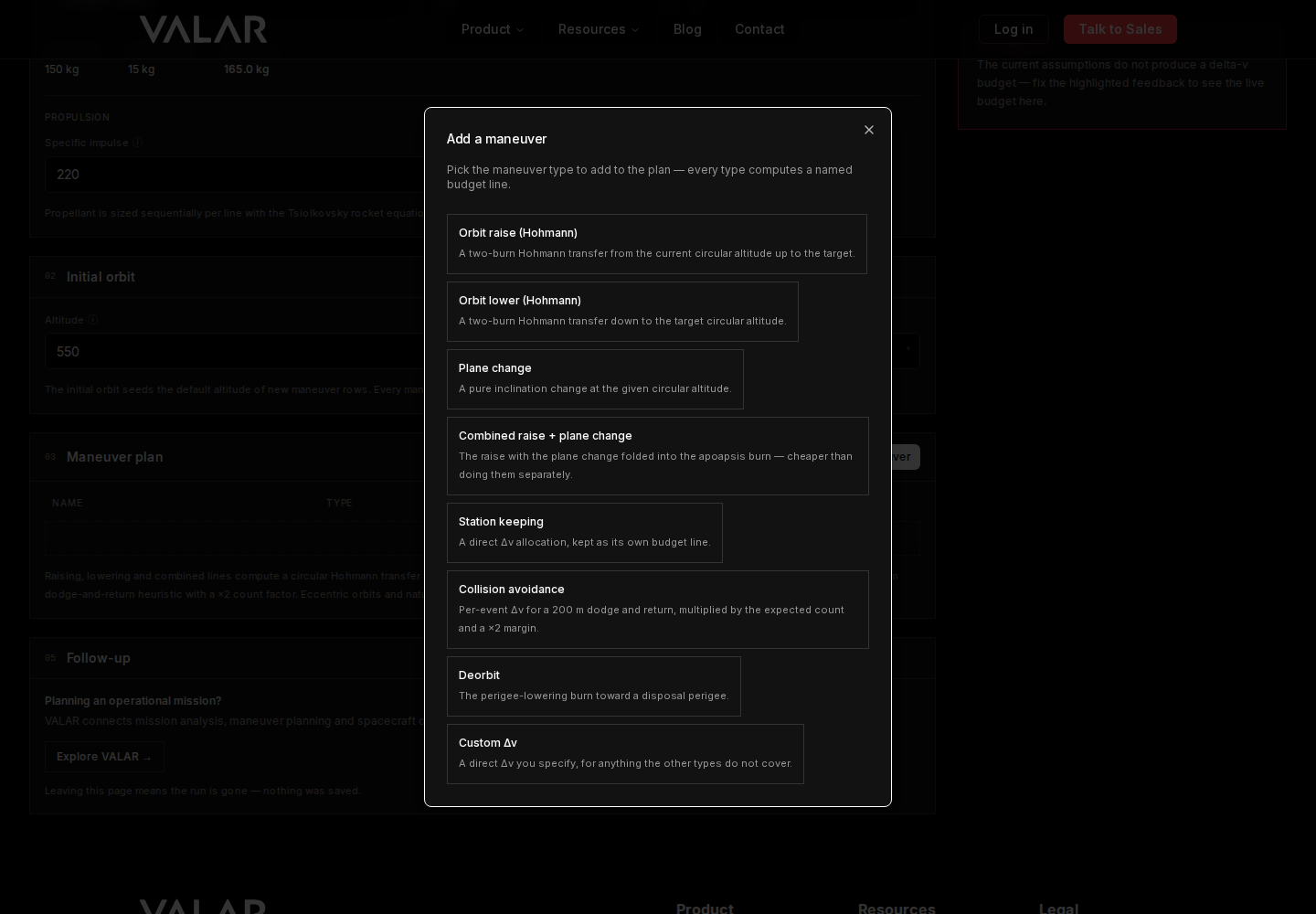 The maneuver library modal listing the eight supported maneuver types with descriptions