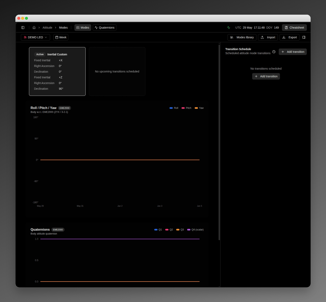 Attitude Modes page with the Export button in the page header, next to Import and Modes library