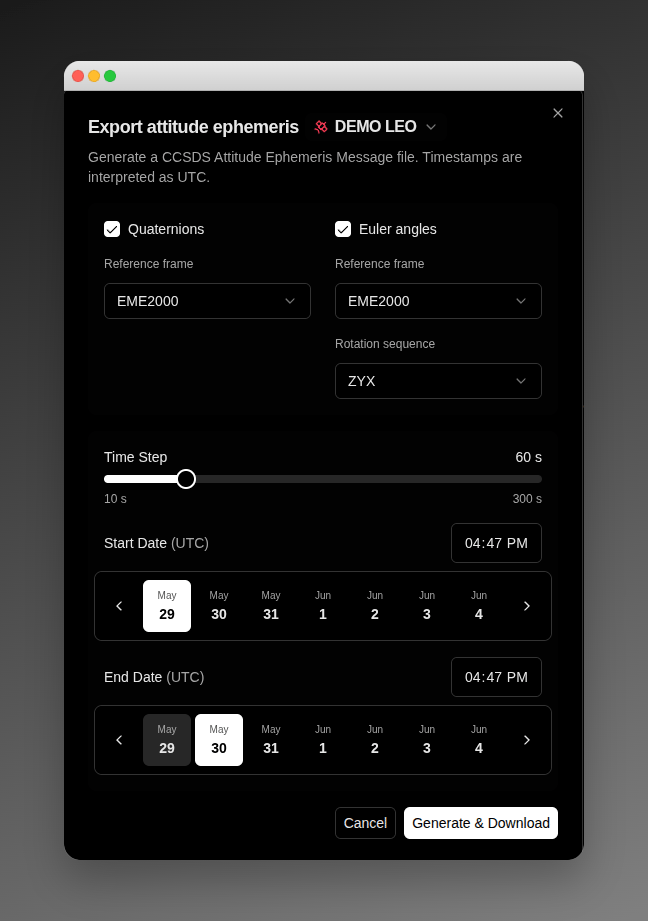 Export attitude ephemeris dialog showing the Quaternions and Euler angles representation cards with per-card reference-frame selectors and the Euler rotation-sequence selector, above the Time Step slider and Start and End date pickers