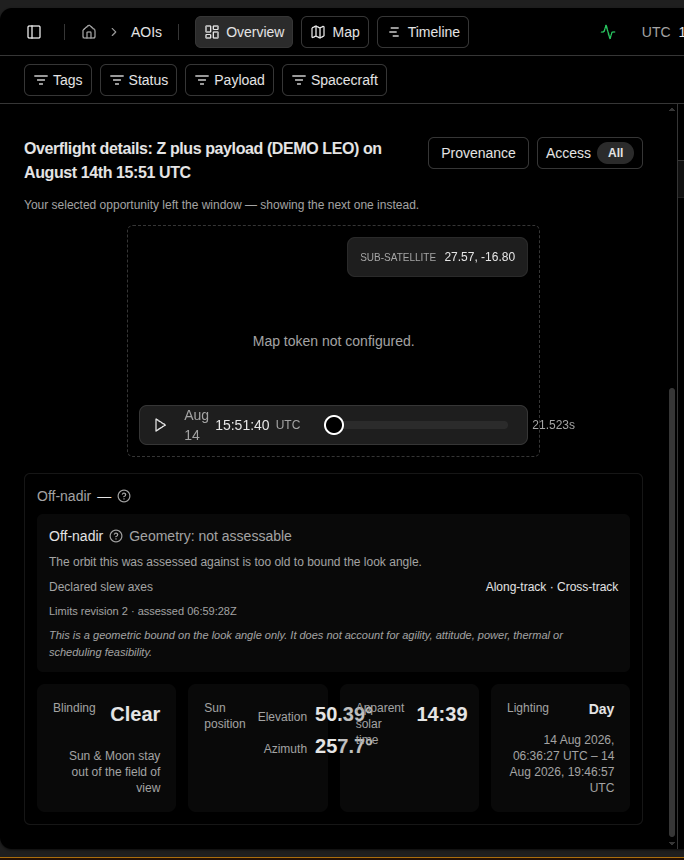 Selected opportunity's detail panel, showing the Off-nadir block with its assessment and disclaimer above the Entry, Peak, Exit, Duration, Payload, Off-boresight, and Blinding rows