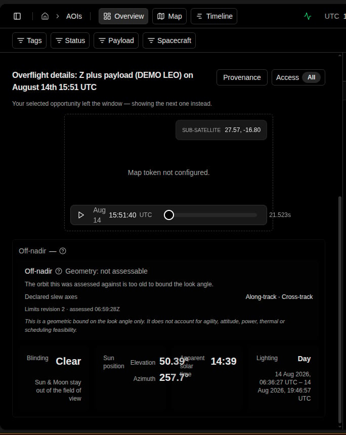 Selected opportunity's detail panel, showing the Off-nadir block with its assessment and disclaimer above the Entry, Peak, Exit, Duration, Payload, Off-boresight, and Blinding rows