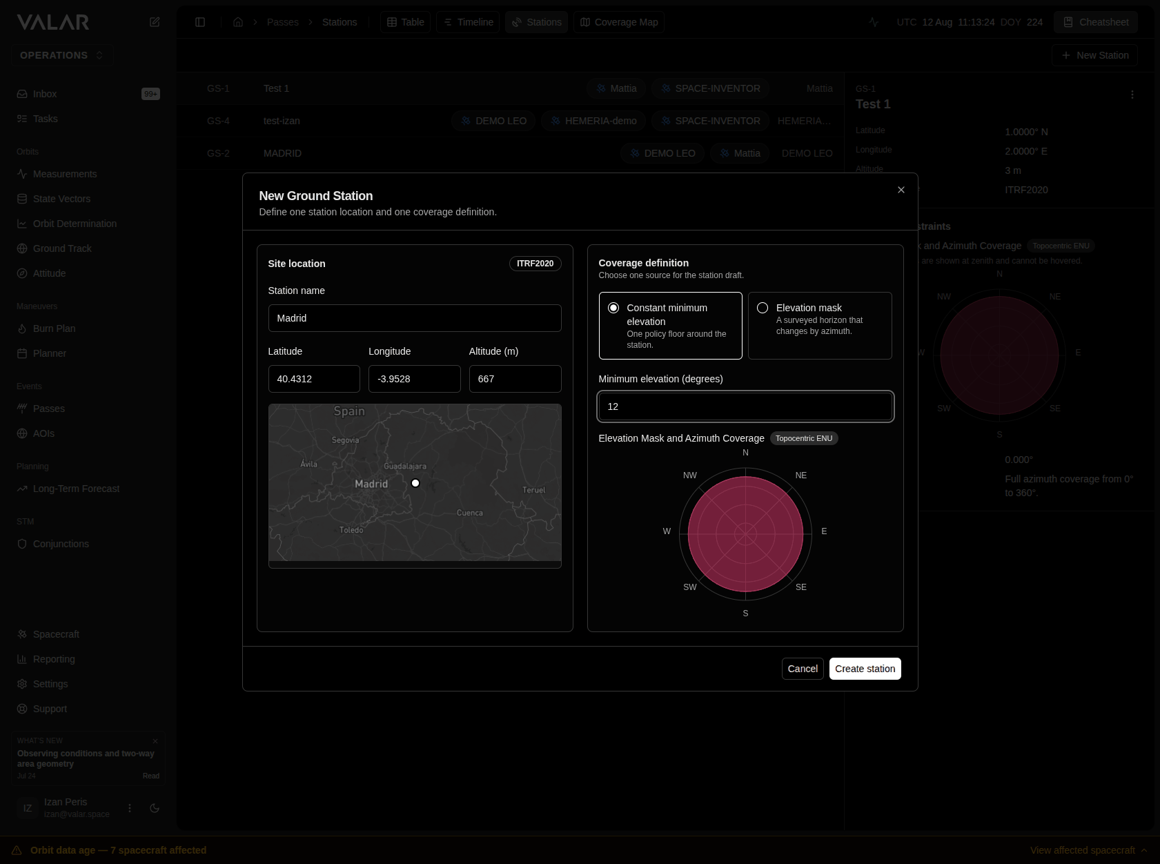 New Ground Station modal showing the site-location column with a populated minimap, and the coverage-definition column in constant minimum elevation mode