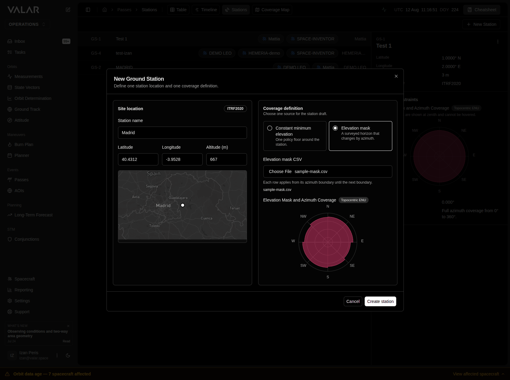 New Ground Station modal in elevation mask mode, showing an uploaded CSV file and the resulting applied-horizon radar preview