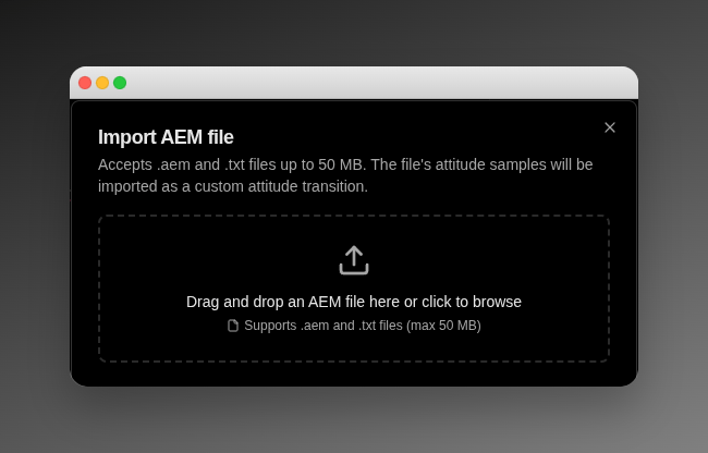 Import AEM file dialog with drag-and-drop upload zone