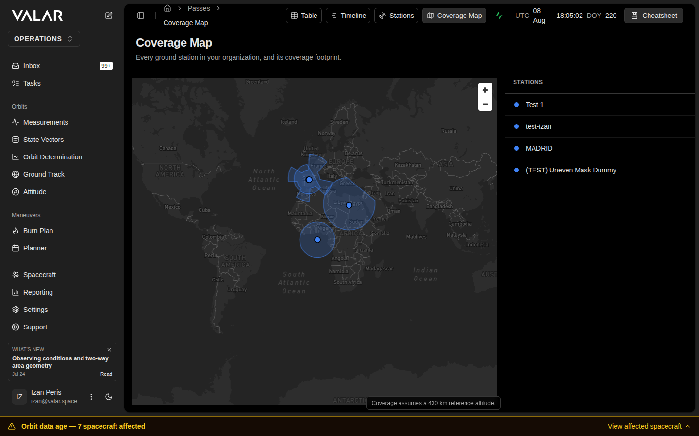 Coverage Map page with ground stations and coverage polygons plotted on the world basemap