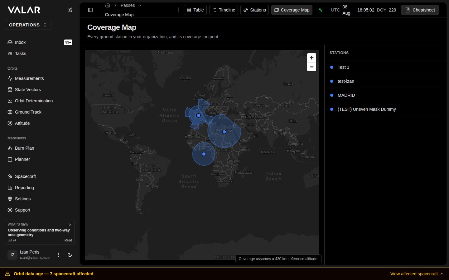 Coverage Map page with ground stations and coverage polygons plotted on the world basemap