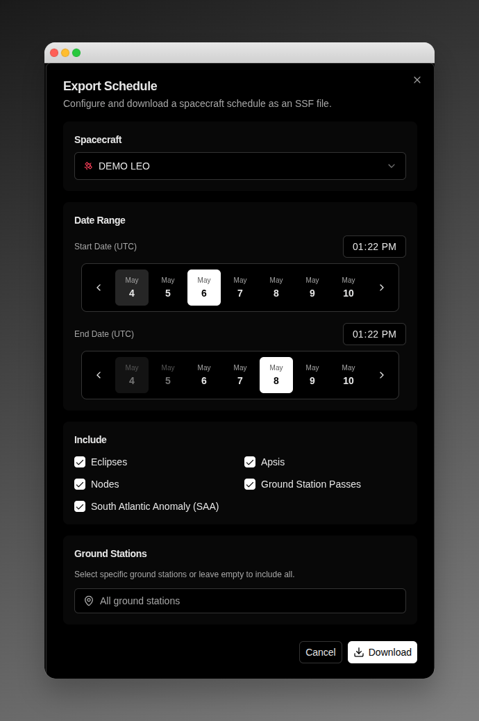 Export Schedule dialog