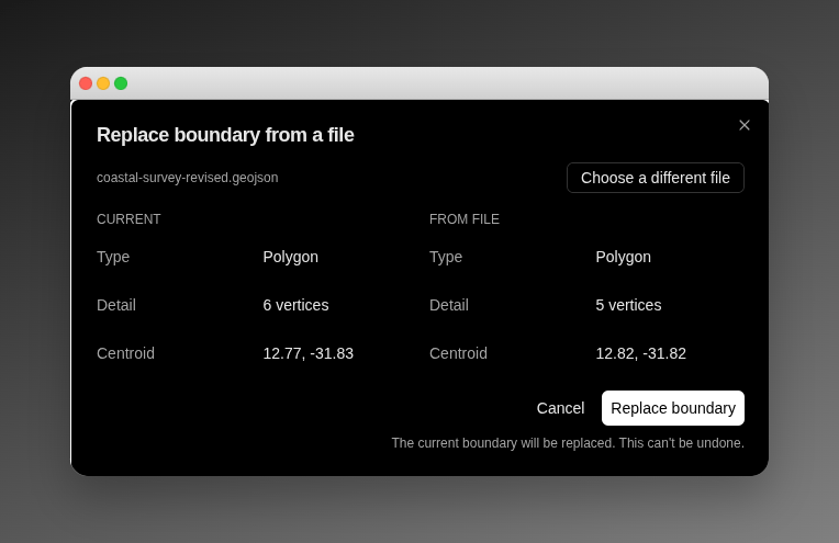 Replace boundary from a file Replace boundary from a file dialog, comparing the current boundary against the one read from the chosen file