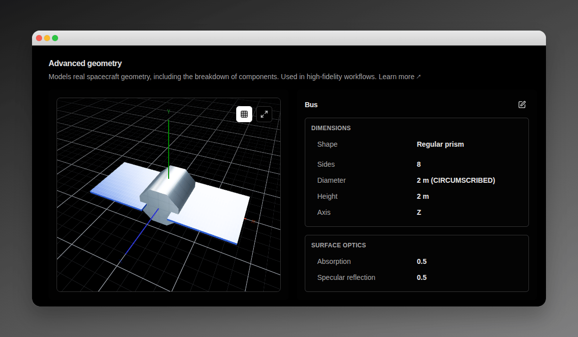 Advanced geometry — Regular prism Advanced geometry section — the Bus card set to Regular prism beside the 3D viewer rendering the prism bus