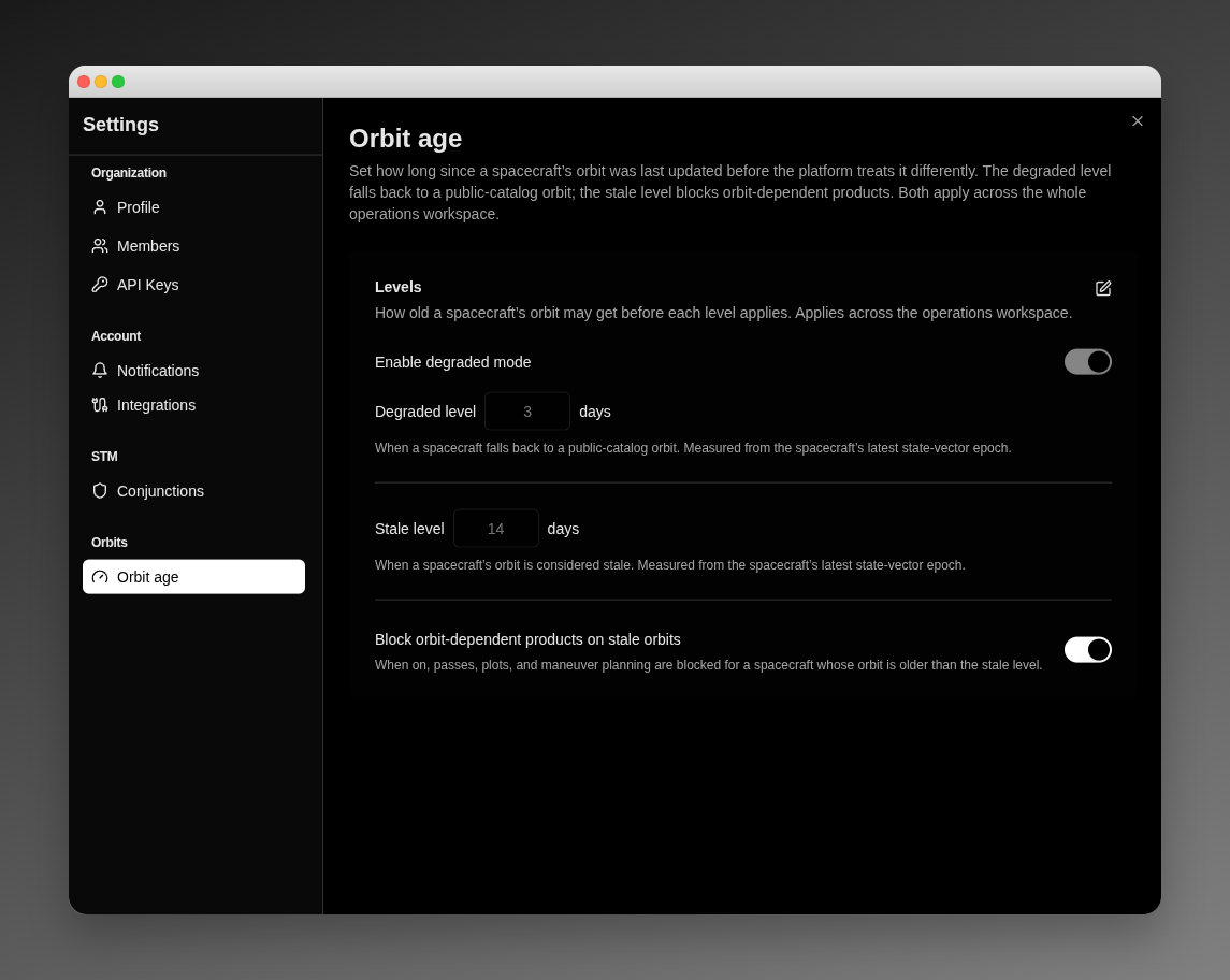 Orbit age settings The unified Orbit age settings section showing the Enable degraded mode switch, the Degraded level day field, the Stale level day field, and the Block orbit-dependent products on stale orbits switch