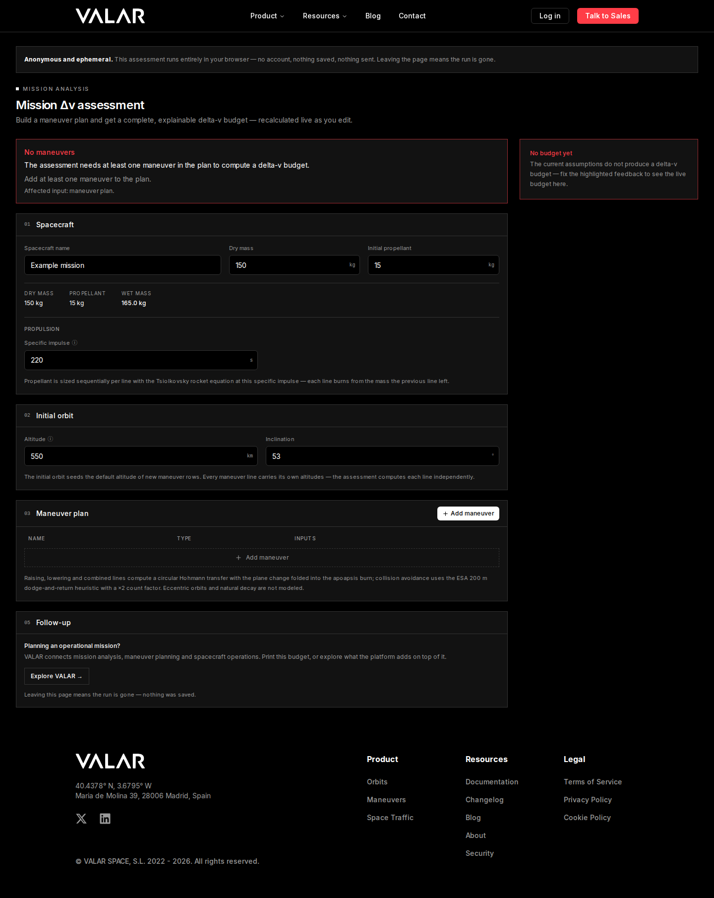 The mission assessment tool: assessment panels on the left and the live Mission budget sidebar on the right
