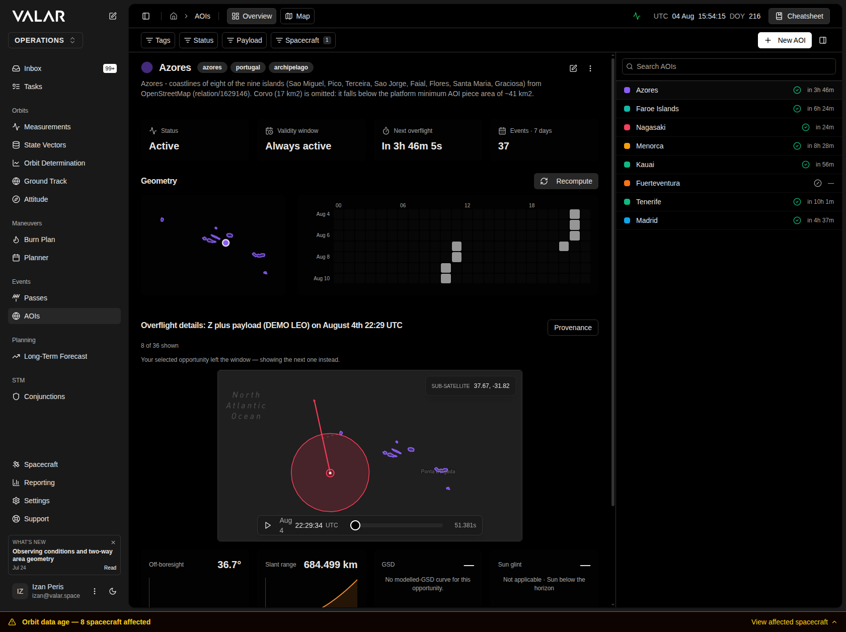 AOI Overview page with the identity hero, geometry preview, properties column, and events section