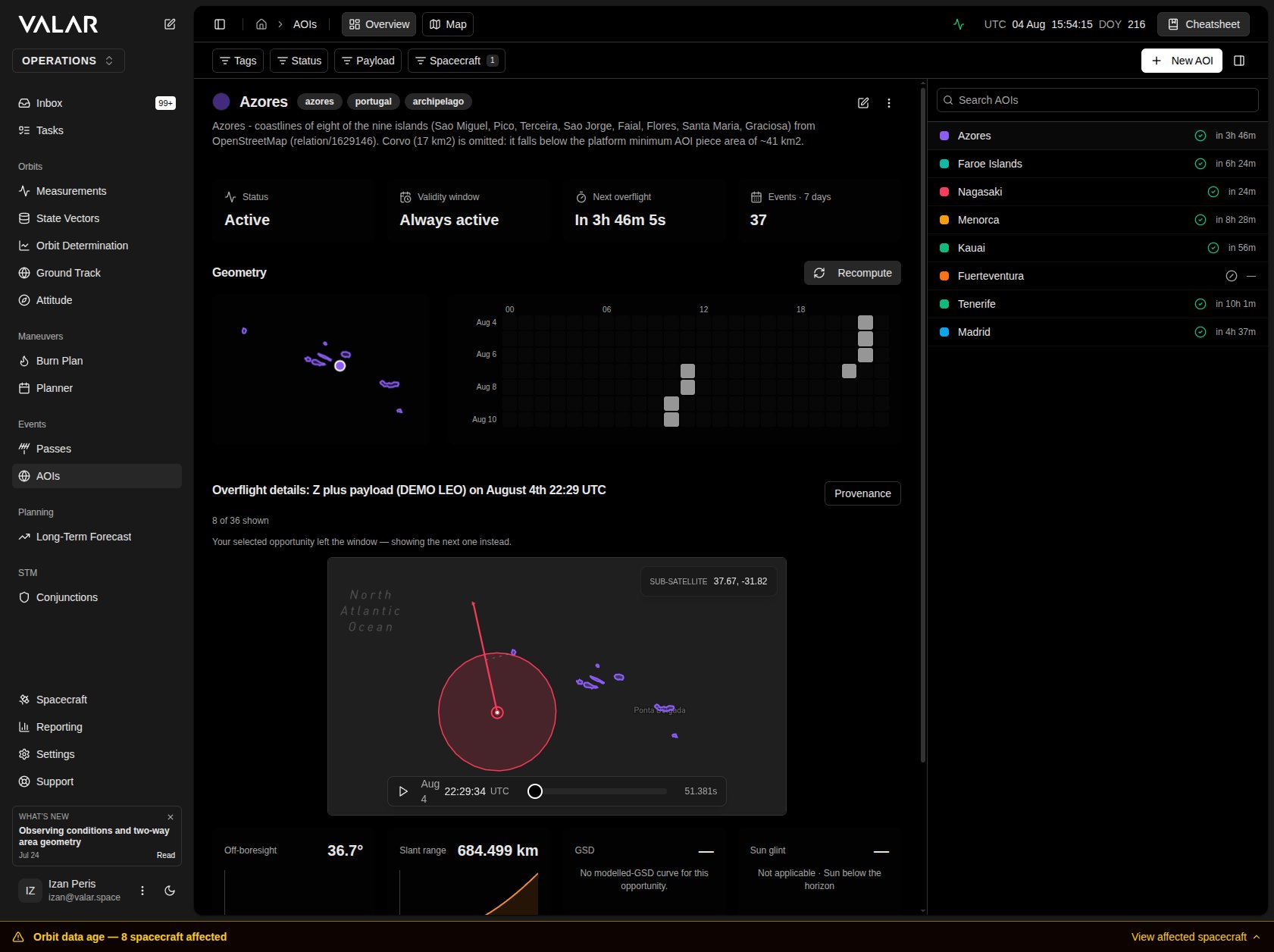 AOI Overview page with the identity hero, geometry preview, properties column, and events section