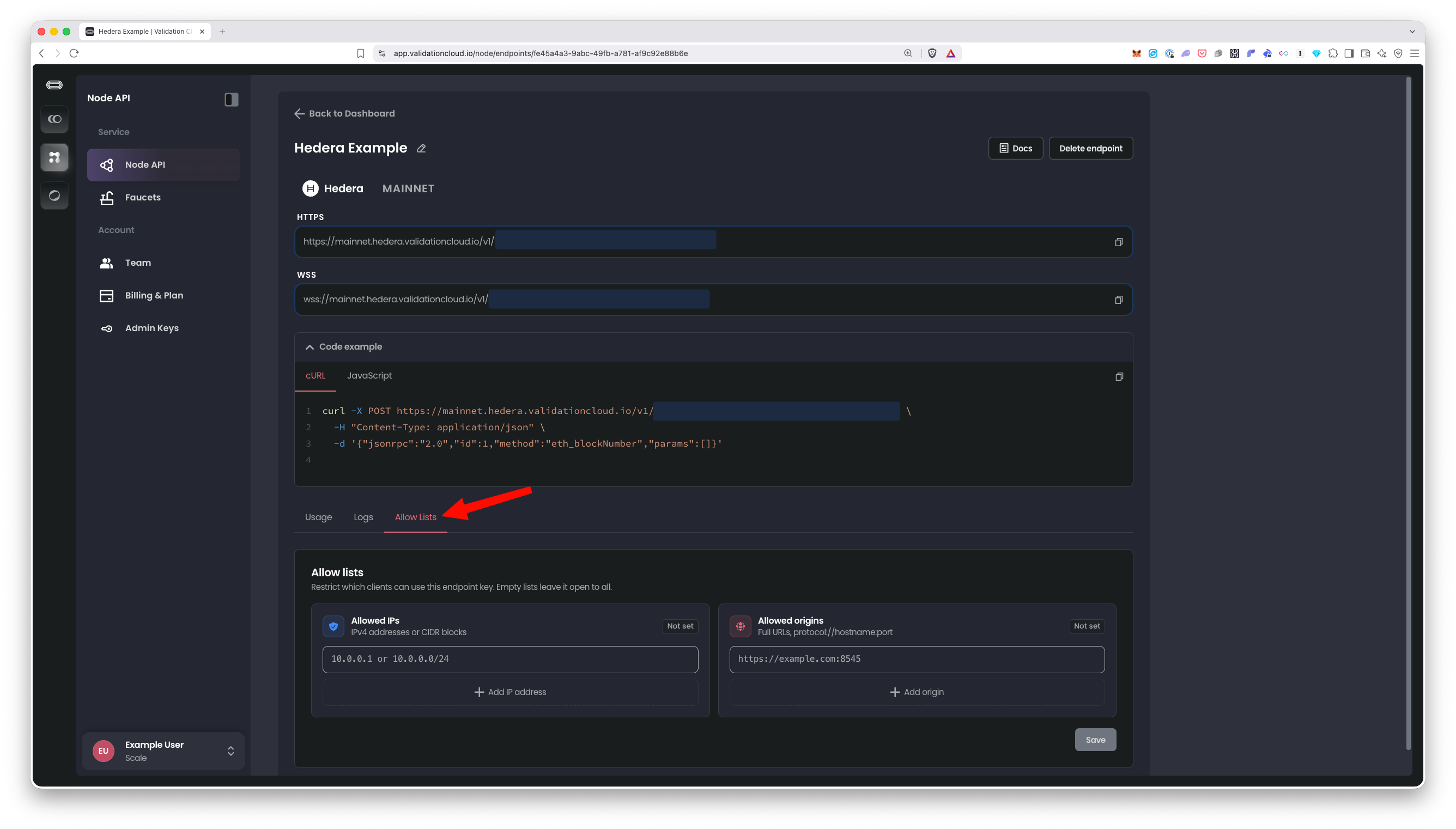 Allow Lists tab of a Node API endpoint