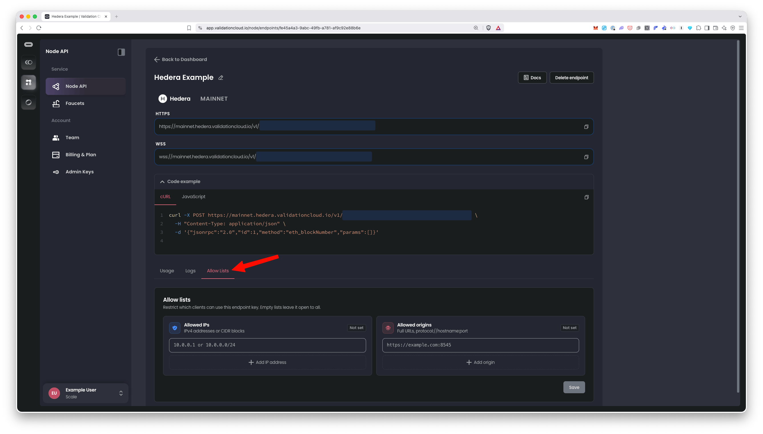 Allow Lists tab of a Node API endpoint