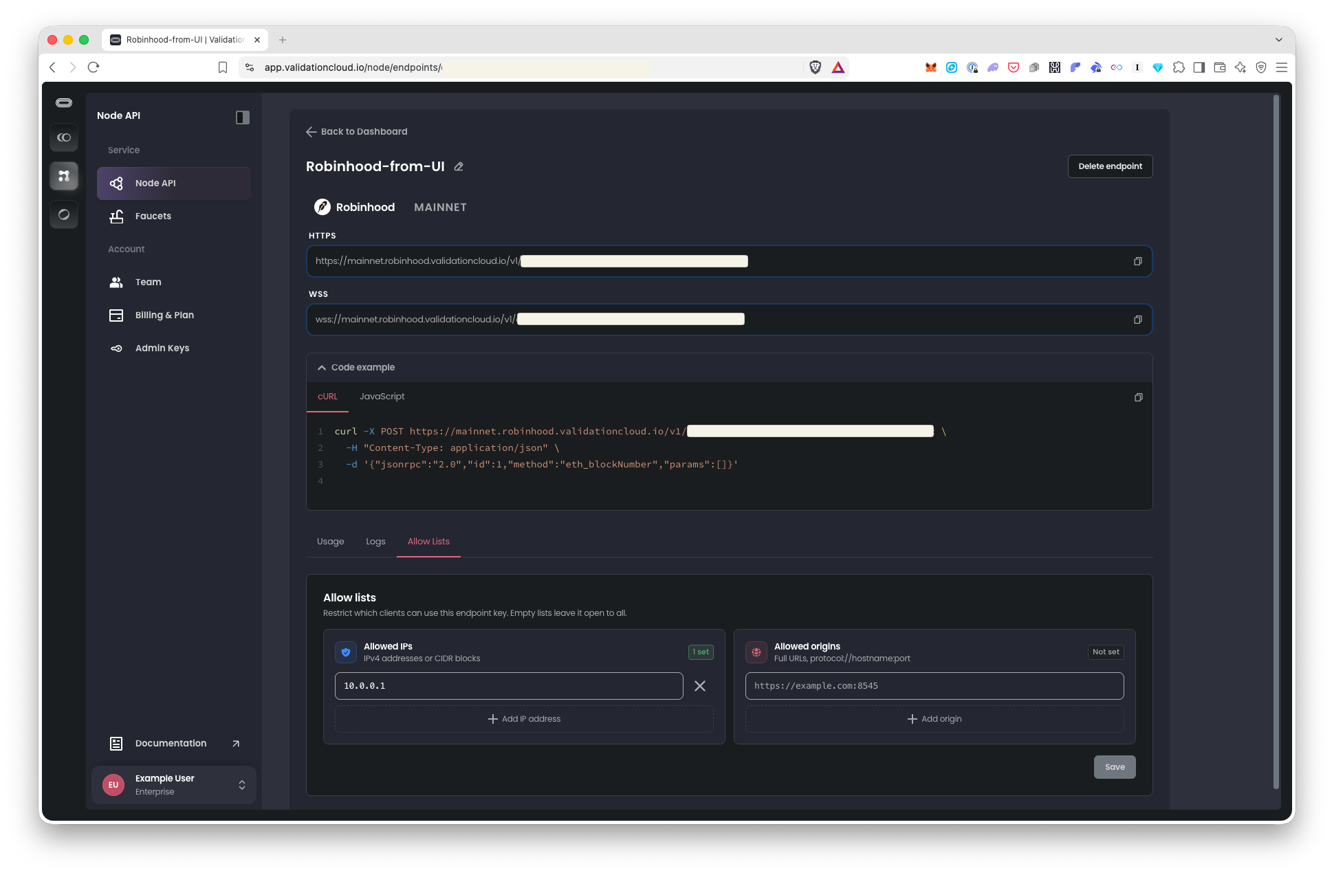 Allowed IPs list with IP addresses added to an endpoint
