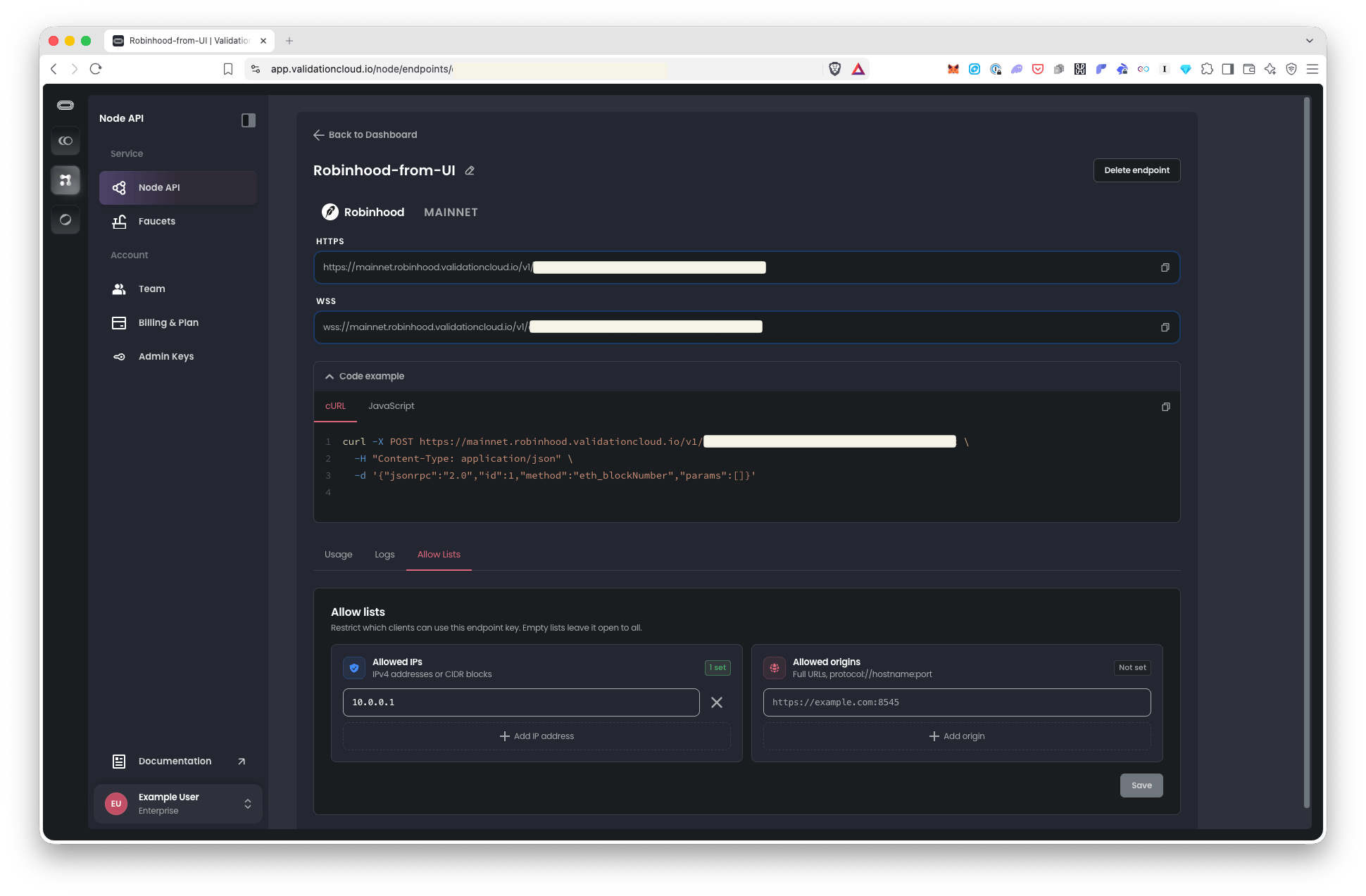Allowed IPs list with IP addresses added to an endpoint