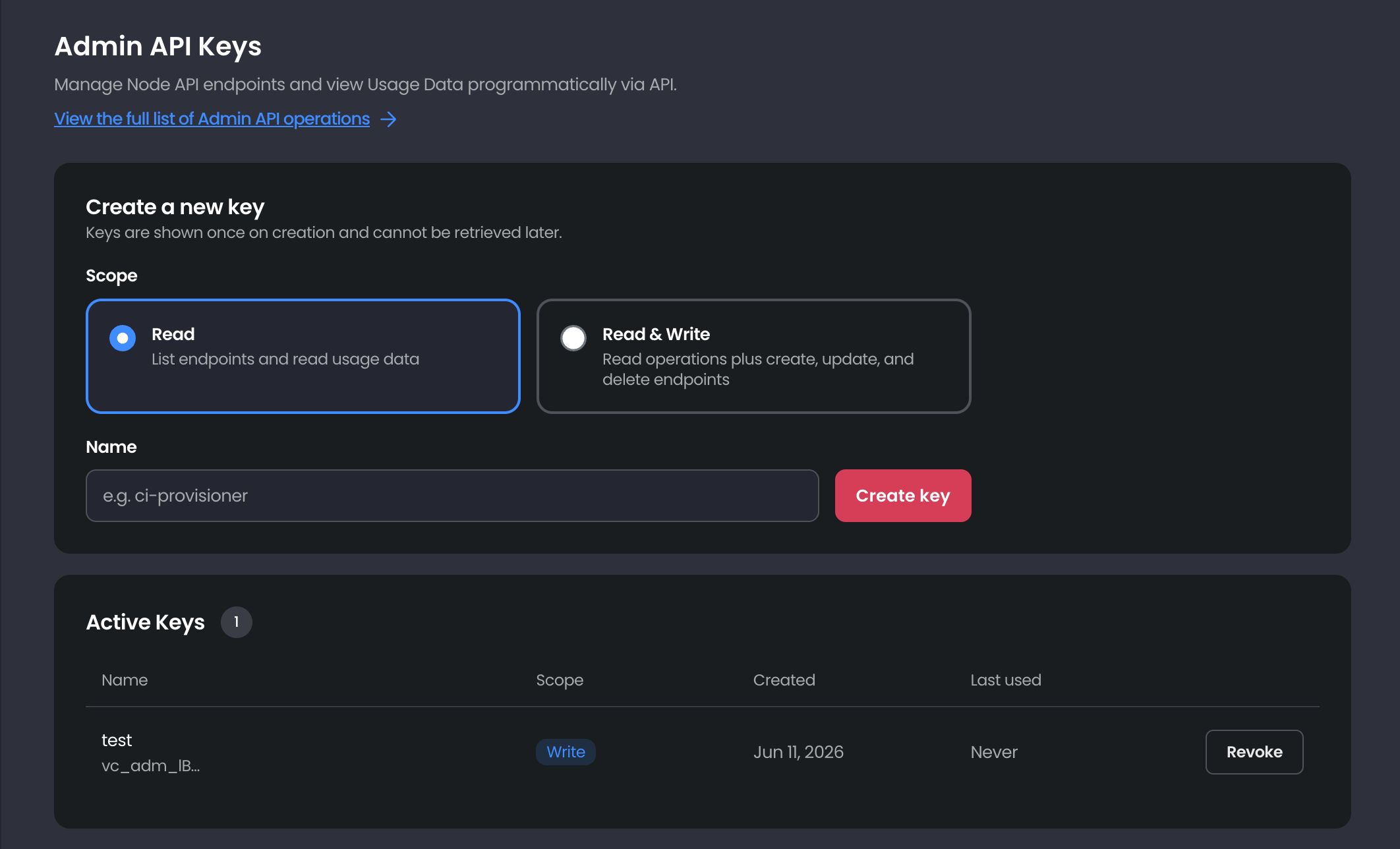 Admin Keys page
