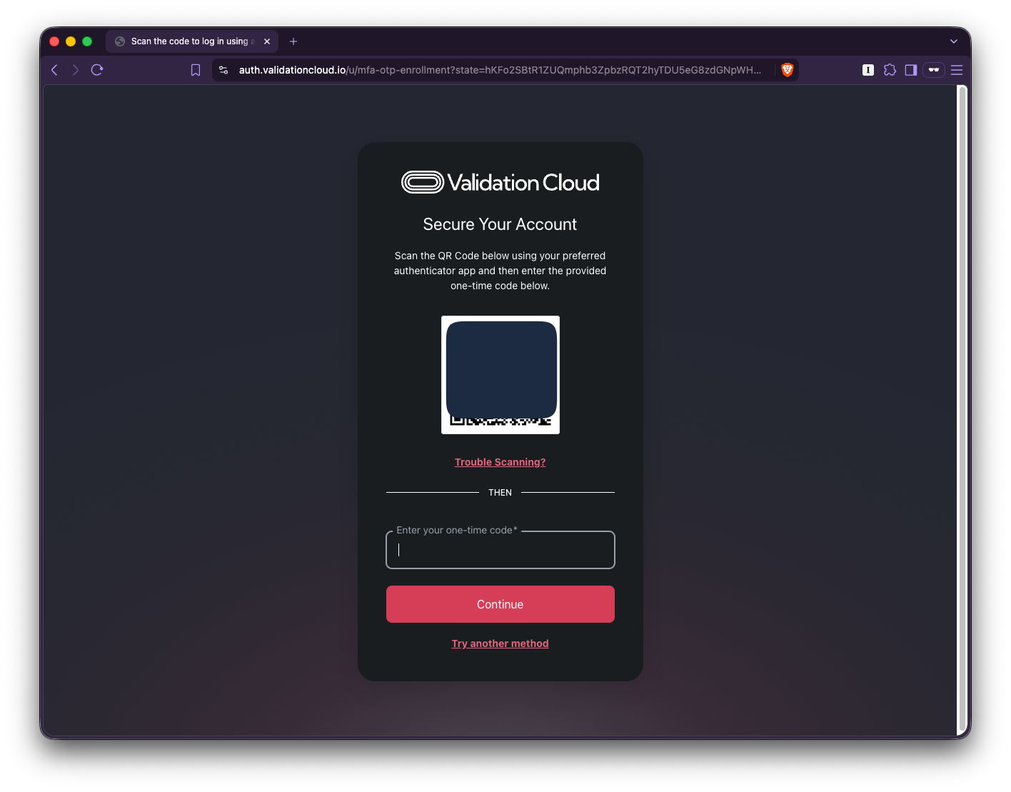 QR code step for setting up an authenticator app, QR code redacted