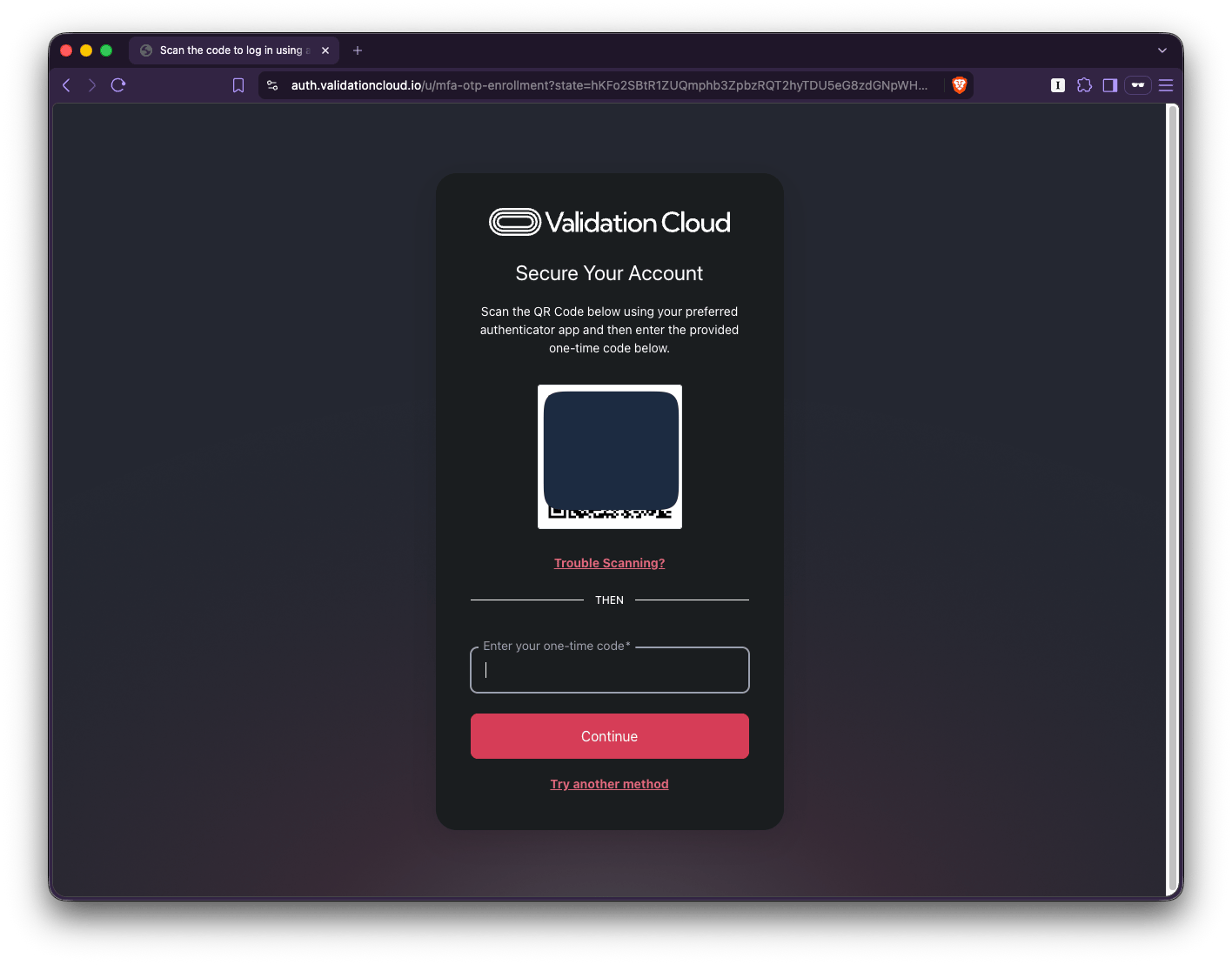 QR code step for setting up an authenticator app, QR code redacted