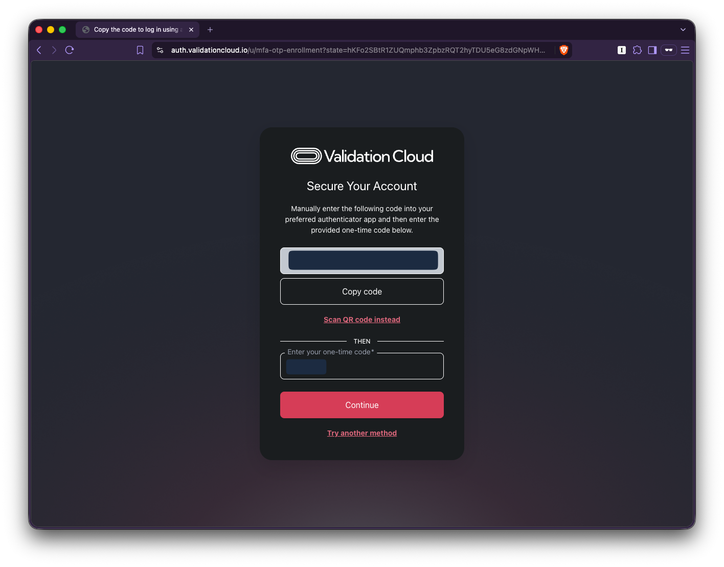 Recovery code shown once after enabling two-factor authentication