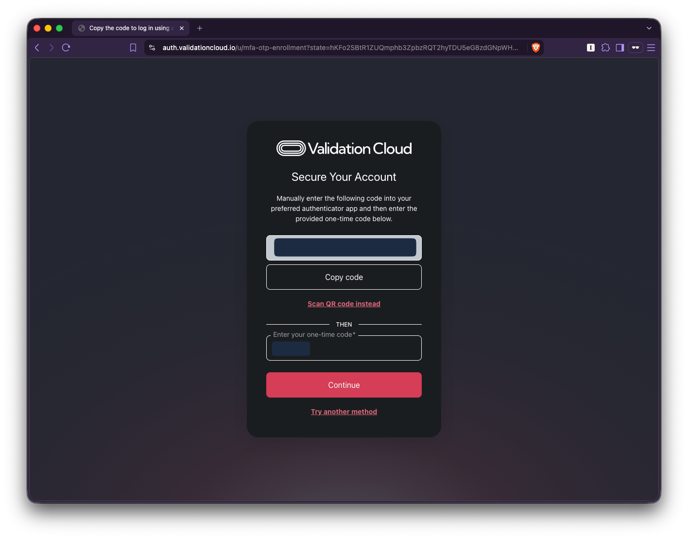 Recovery code shown once after enabling two-factor authentication
