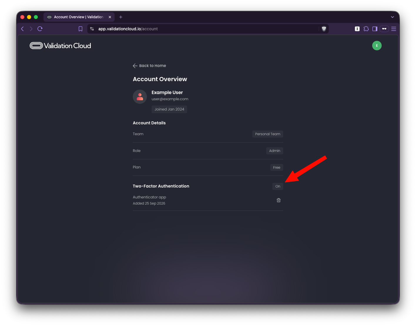 Account page showing two-factor authentication turned on