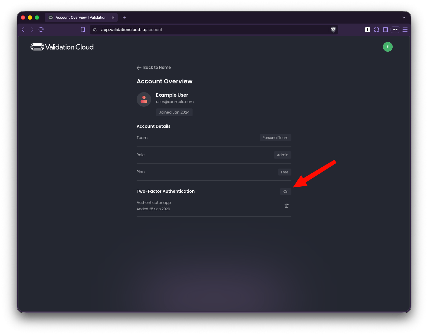 Account page showing two-factor authentication turned on