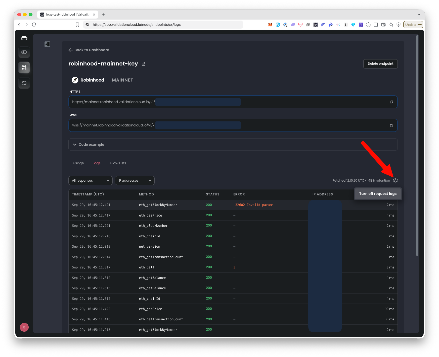Cog menu on the Logs tab with the Turn off request logs option
