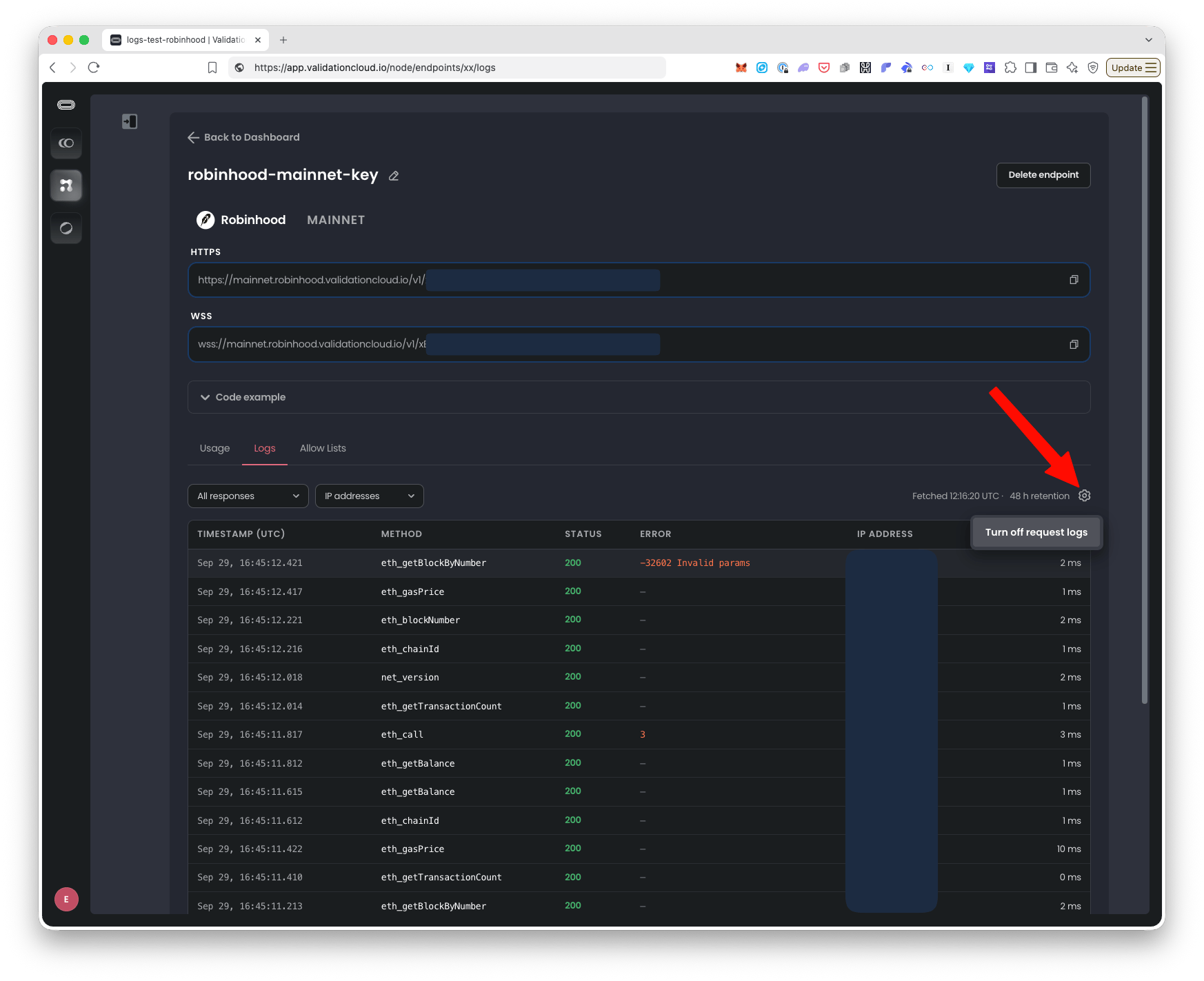 Cog menu on the Logs tab with the Turn off request logs option
