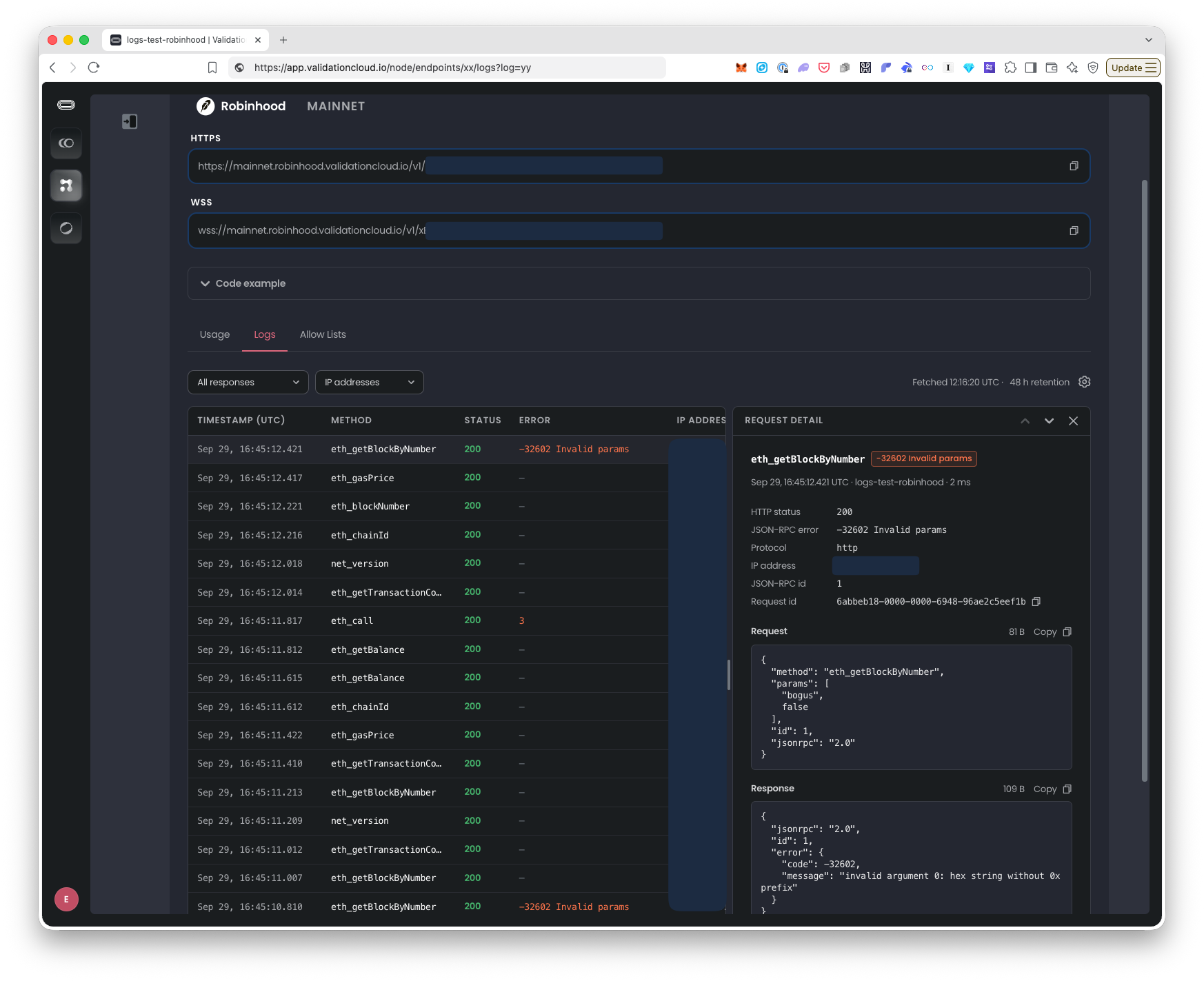 Logs tab of a Node API endpoint with the request detail panel open