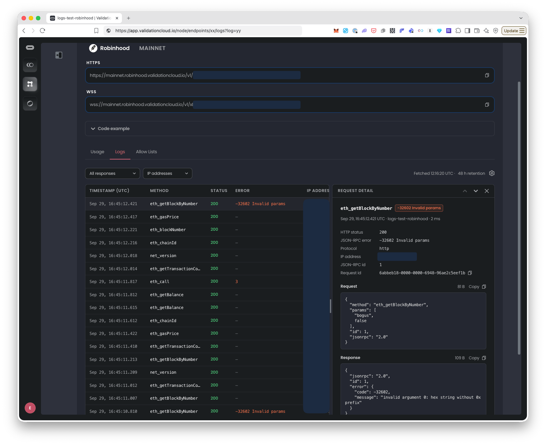 Logs tab of a Node API endpoint with the request detail panel open