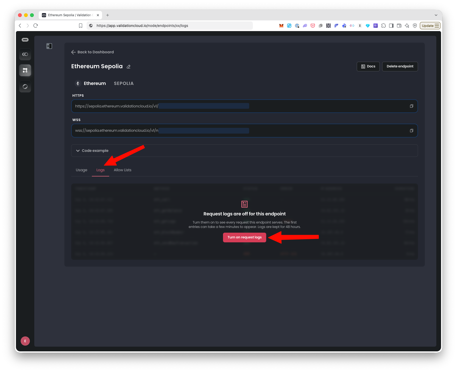 Turn on request logs button on the endpoint Logs tab