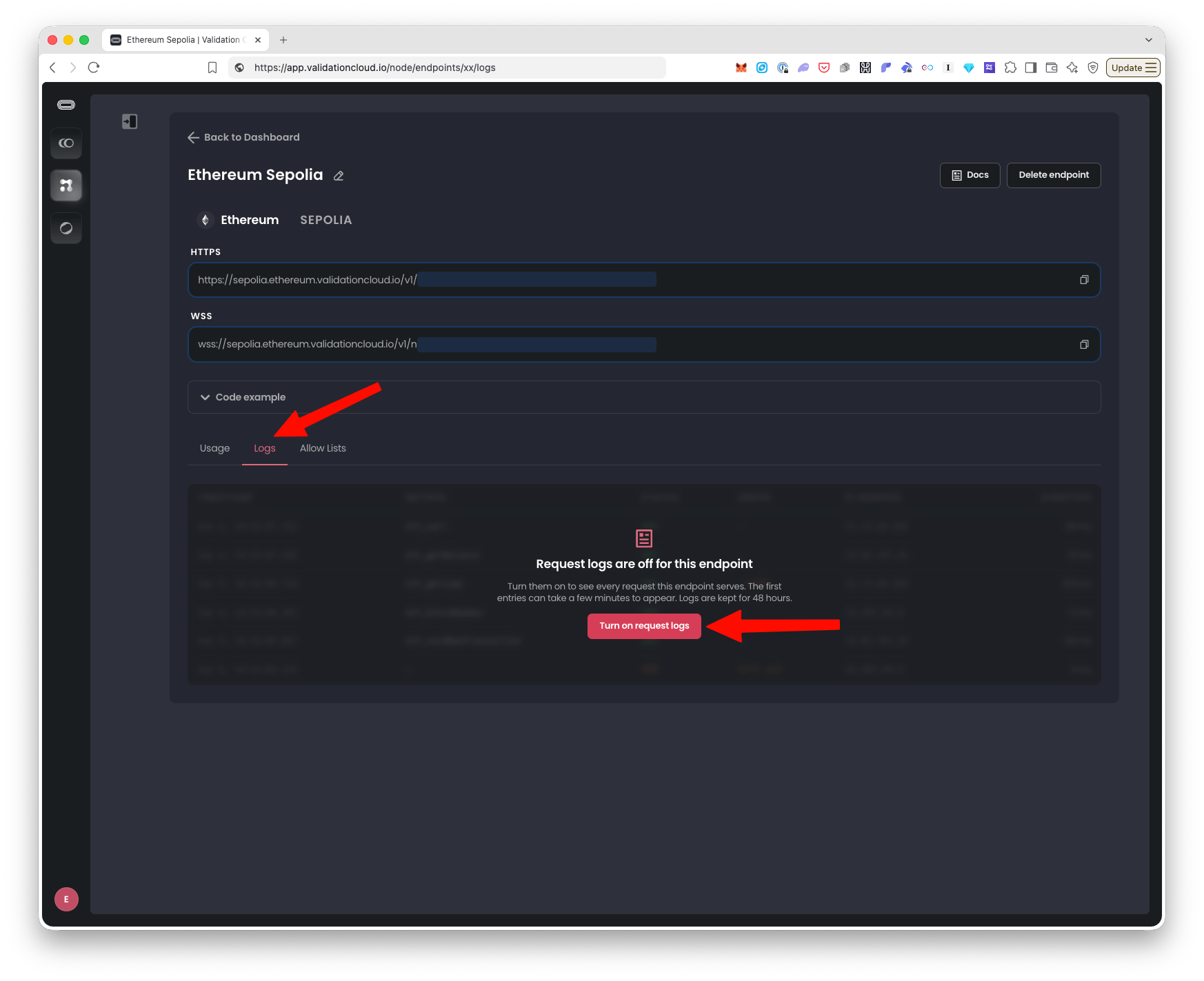 Turn on request logs button on the endpoint Logs tab