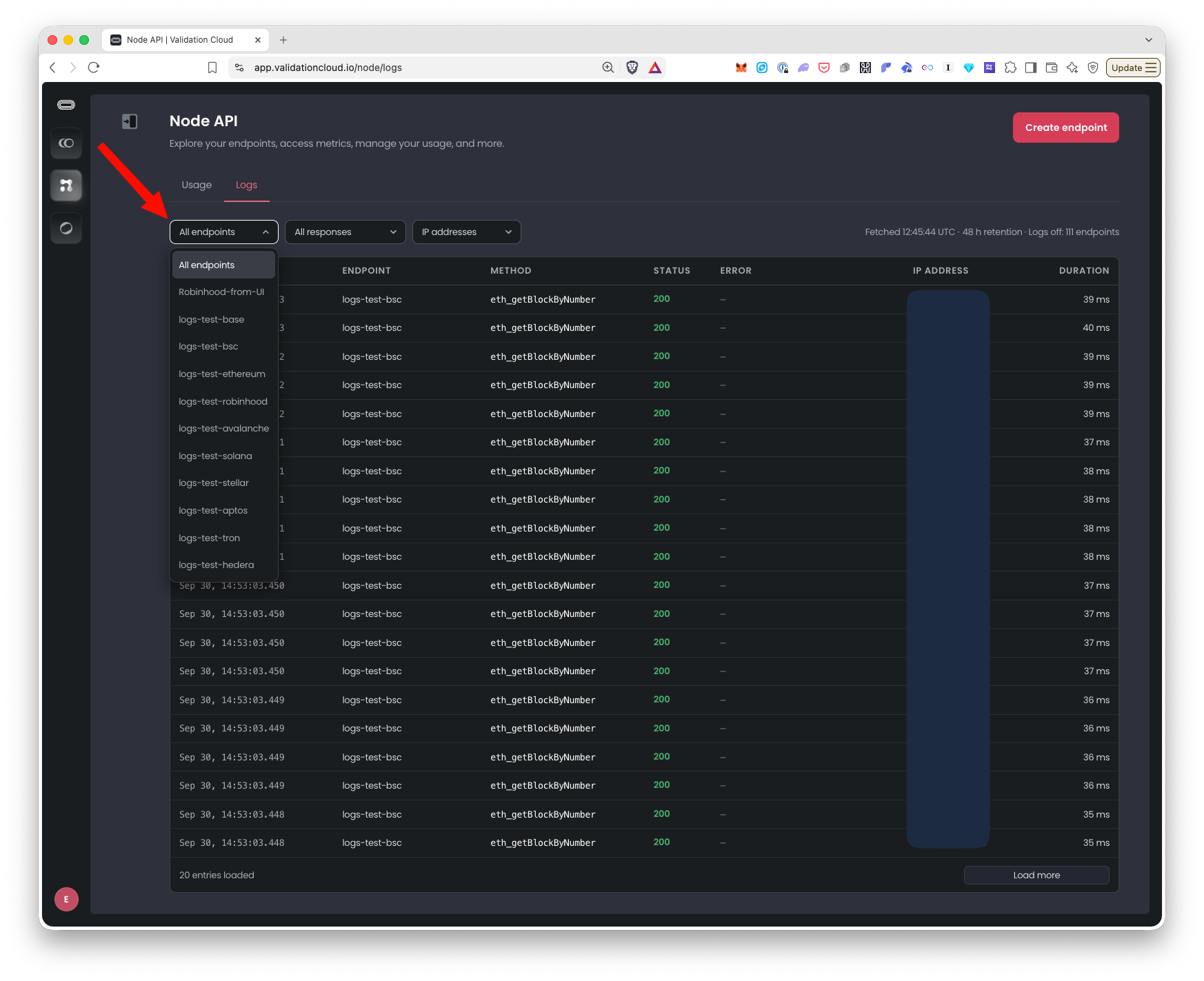 Node API dashboard Logs page with the endpoint filter open
