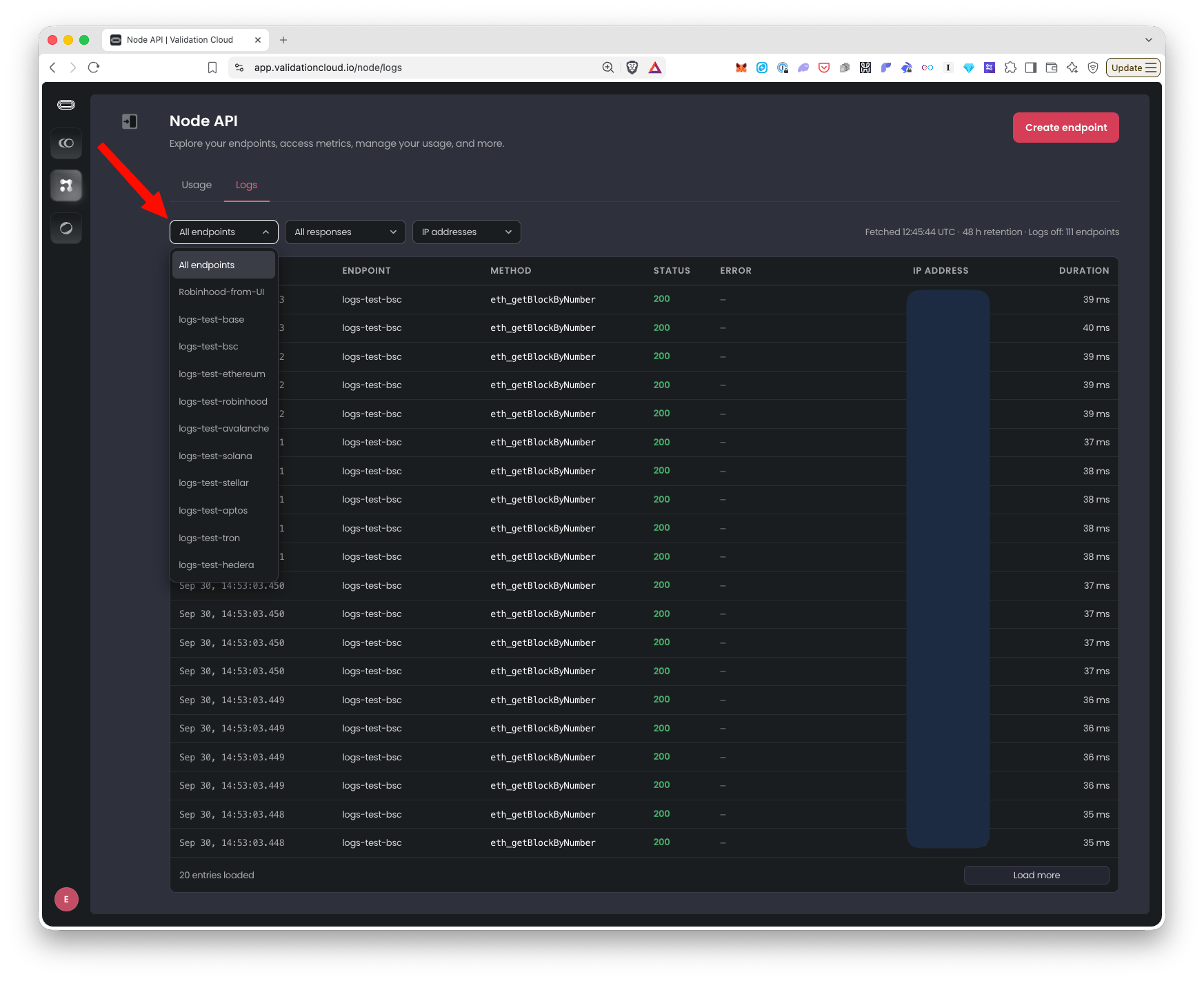 Node API dashboard Logs page with the endpoint filter open