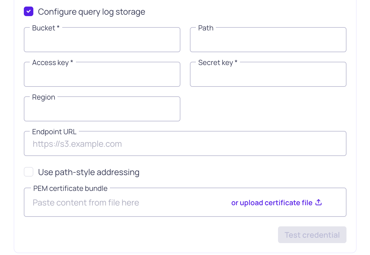 The query log storage configuration section of an SAP IQ credential in Validio