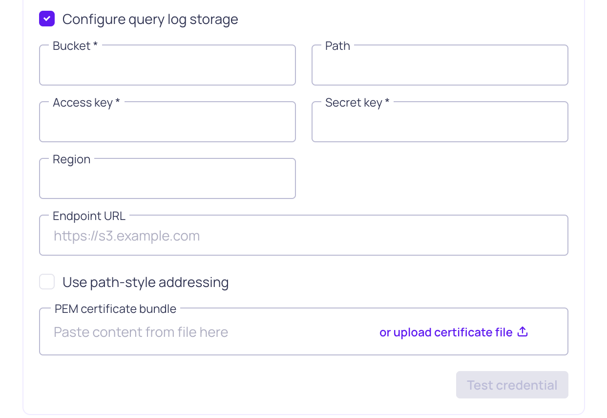 The query log storage configuration section of an SAP IQ credential in Validio
