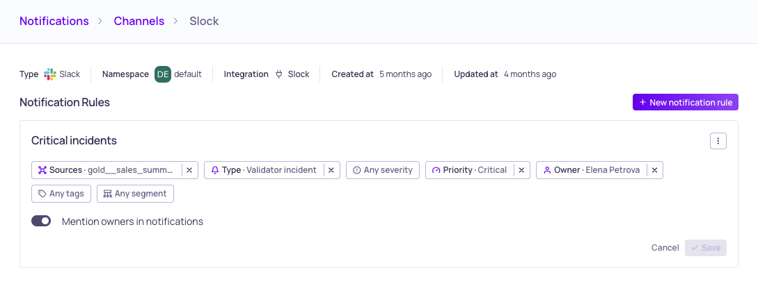 Notification rule configuration with owner tagging option