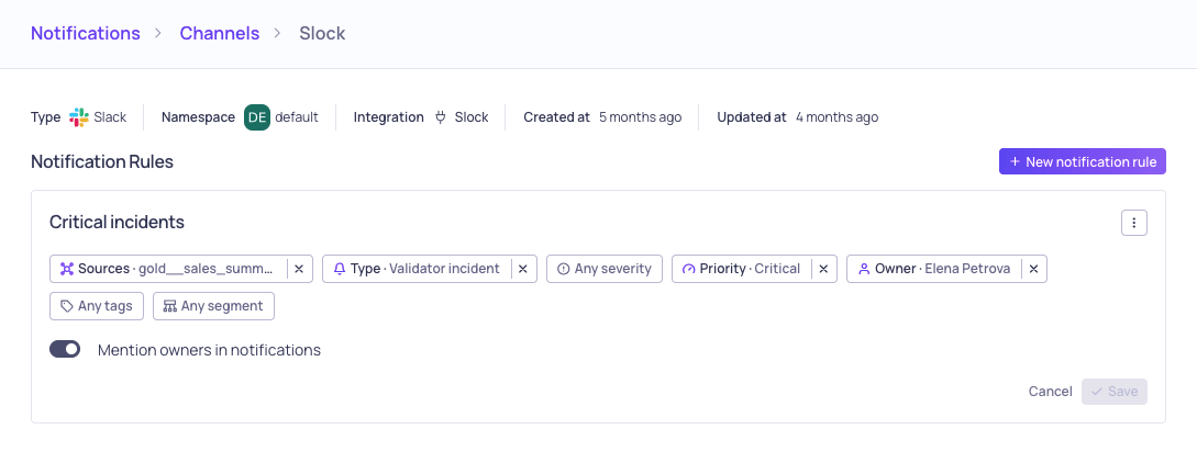 Notification rule configuration with owner tagging option