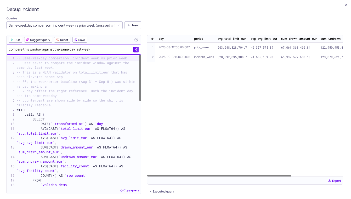 Generated debug query with comments and preview