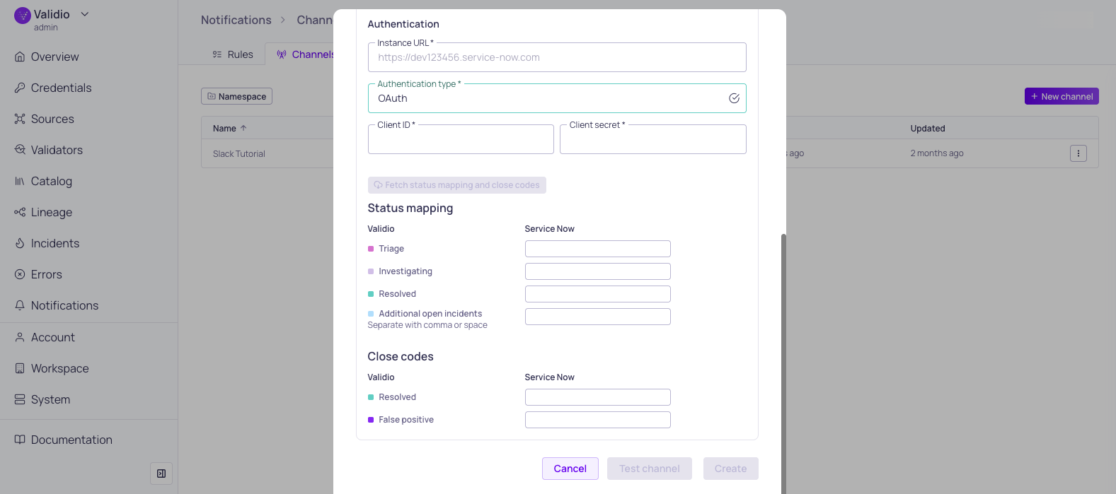 Configuration for ServiceNow integration