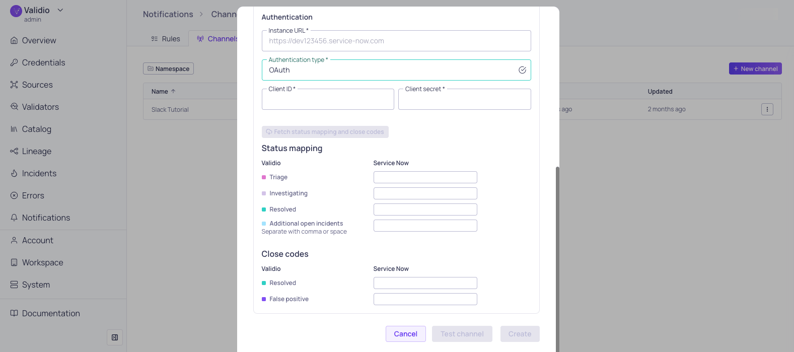Configuration for ServiceNow integration