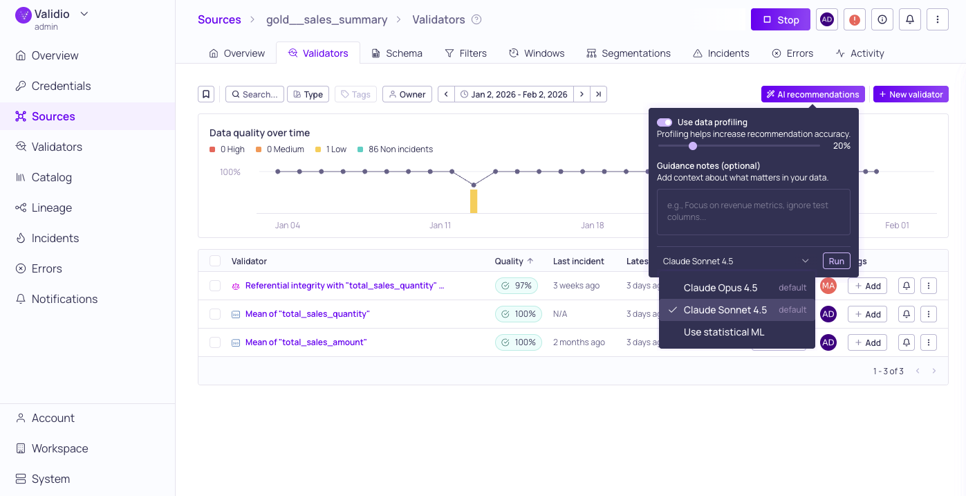 Configuration for validator recommendations with LLM credentials