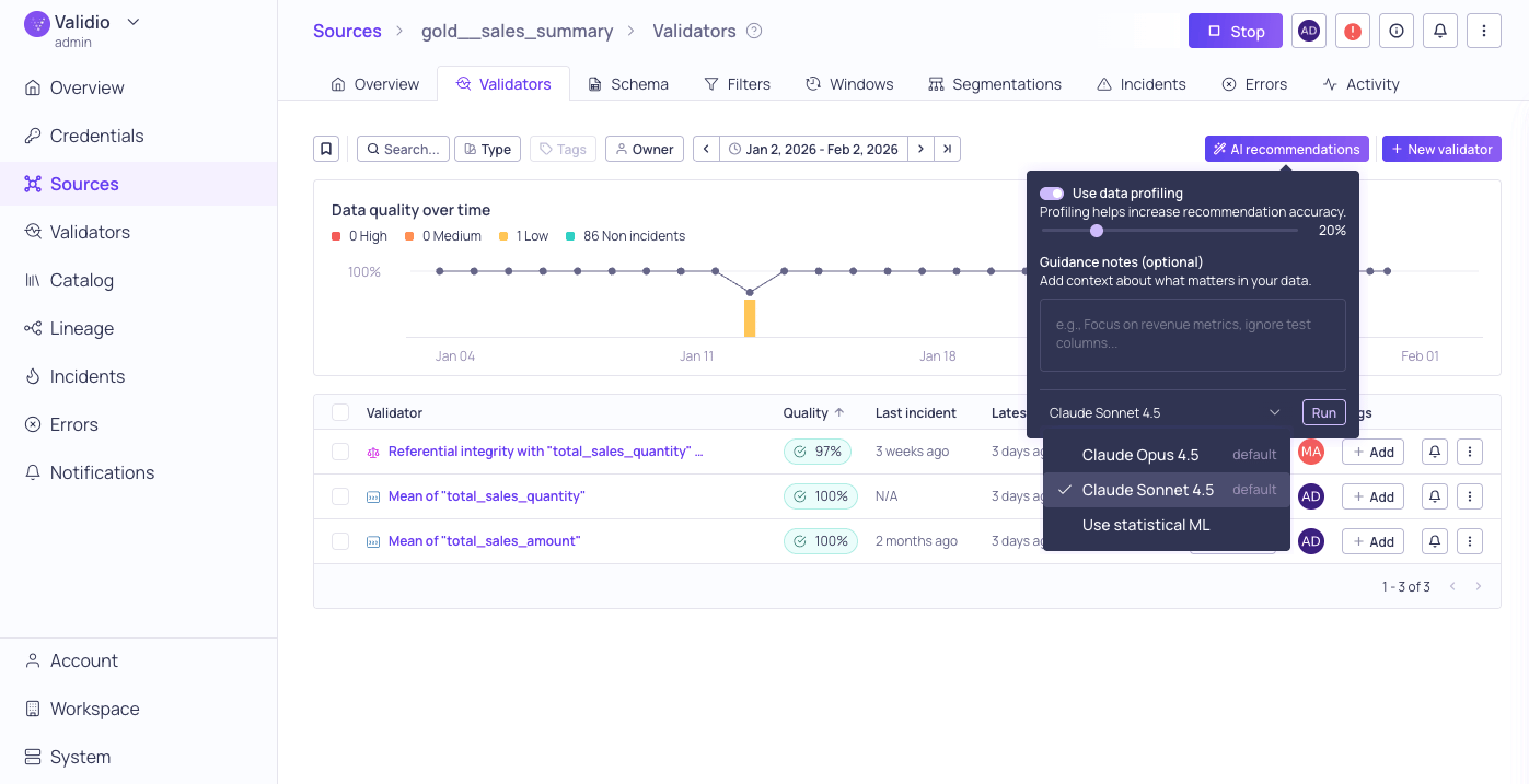 Configuration for validator recommendations with LLM credentials