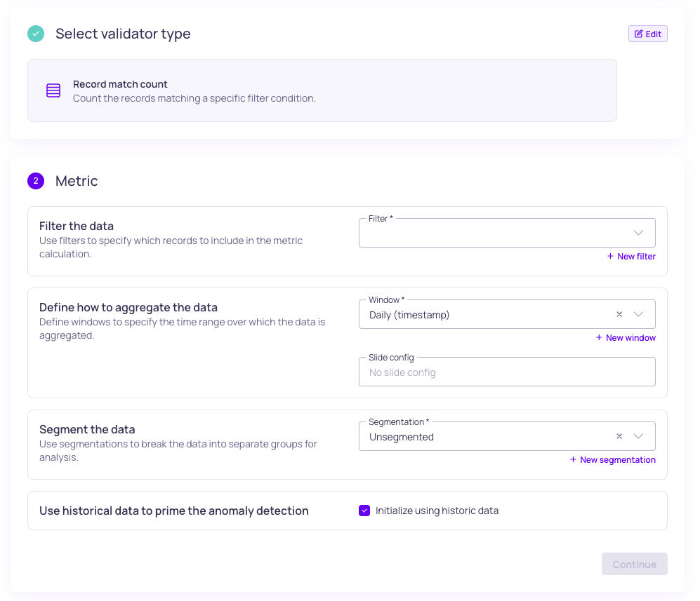 Record match count validator metric configuration