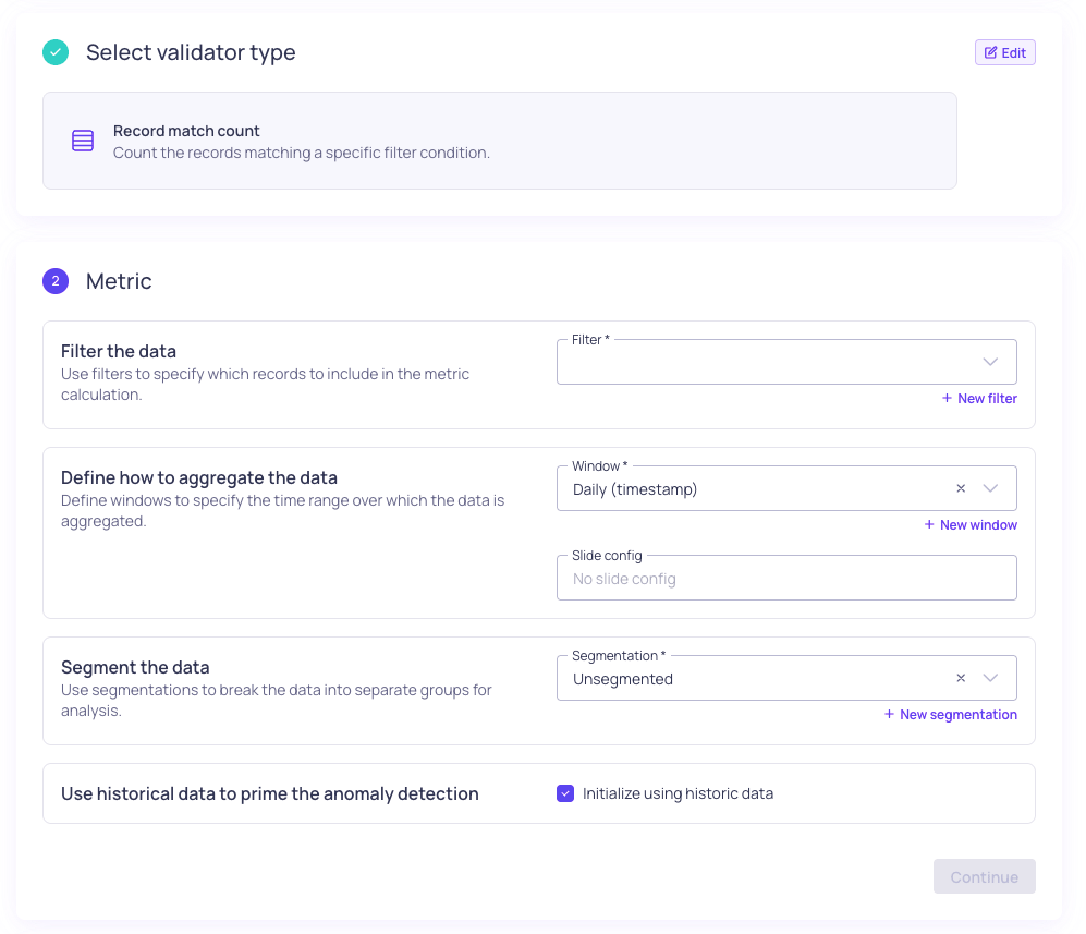Record match count validator metric configuration