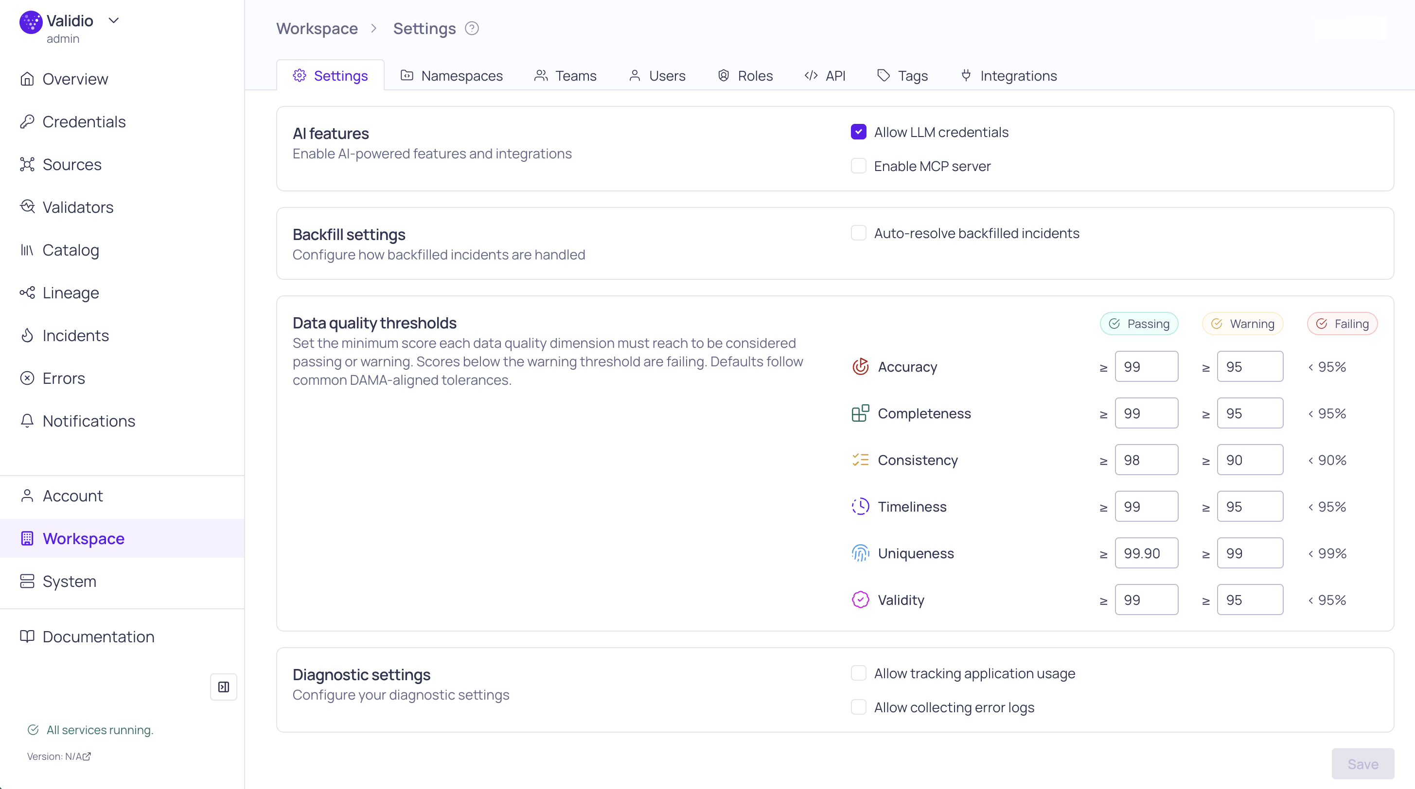 Data Quality threshold settings