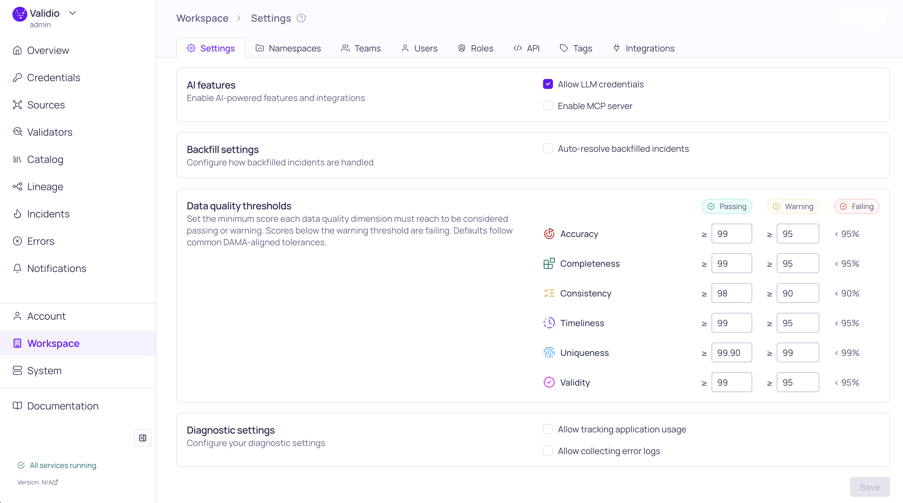 Data Quality threshold settings